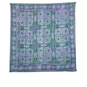 Vintage 100% Silk Green & Purple Floral Paisley Mandala Boho Ethnic Square Scarf